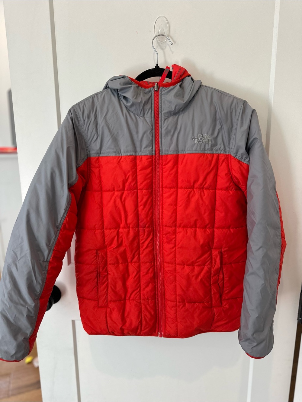 The North Face Reversible Red and Gray Hooded Kids Puffer Jacket